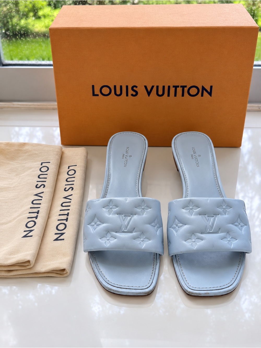 Louis Vuitton Light Blue Quilted Monogram Slide Sandals
